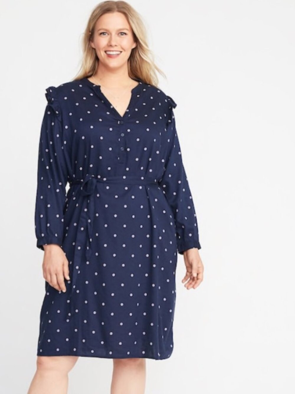 Old Navy Navy Blue Polka Dot Cotton Blend Split Neckline Shirt Dress